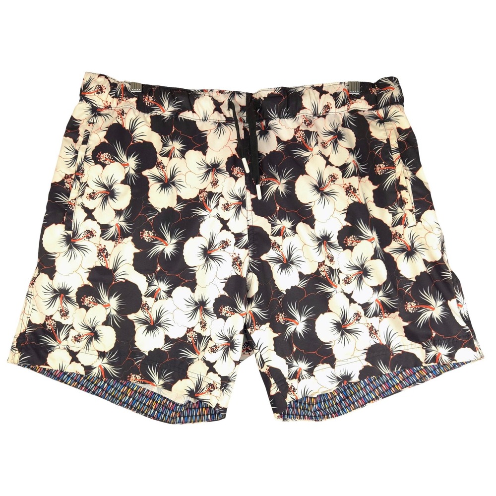 Robert Graham Mens Floral Hibiscus Swim Trunks Black White Orange Size 40 Shorts